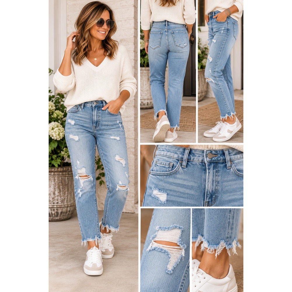 Mica Los Angeles Size 30 Distressed Light Wash Straight Leg Jeans Frayed Hem Y2K